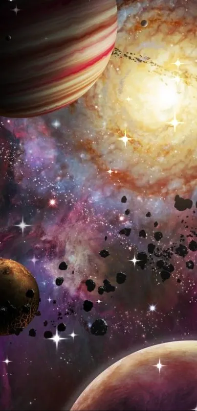 A vibrant galaxy scene with planets and asteroids in space.