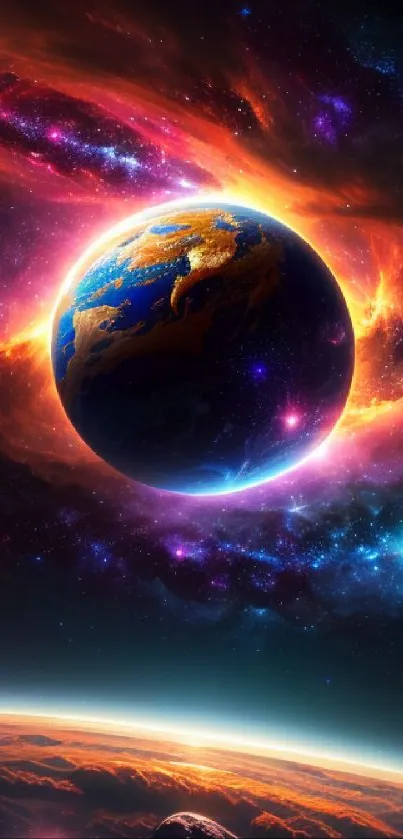 Vibrant cosmic galaxy wallpaper with planets and swirling colors.