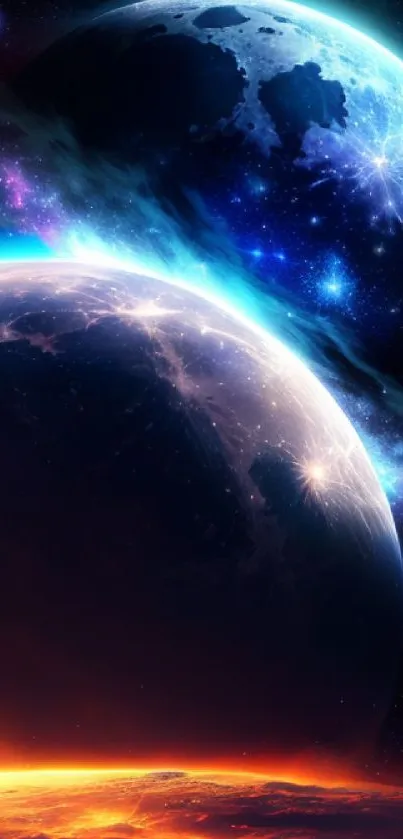 Two planets with captivating nebula display in cosmic wallpaper.