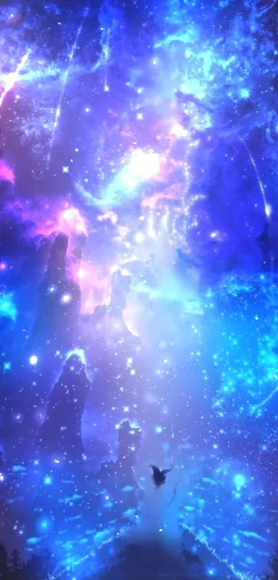 Vibrant cosmic galaxy wallpaper with blue and purple stars and nebulas.