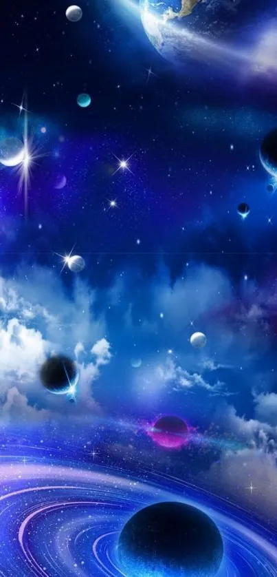 Cosmic galaxy wallpaper with planets and stars in deep blue hues.