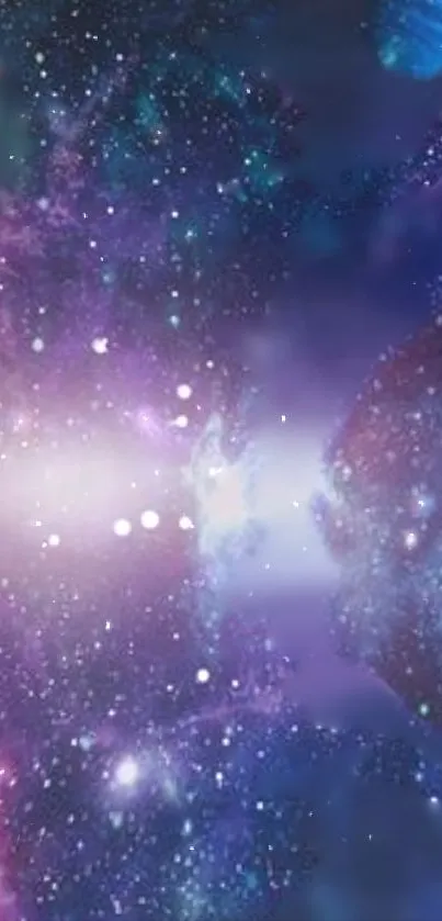 Cosmic galaxy wallpaper with nebula and stars in vibrant purple hues.