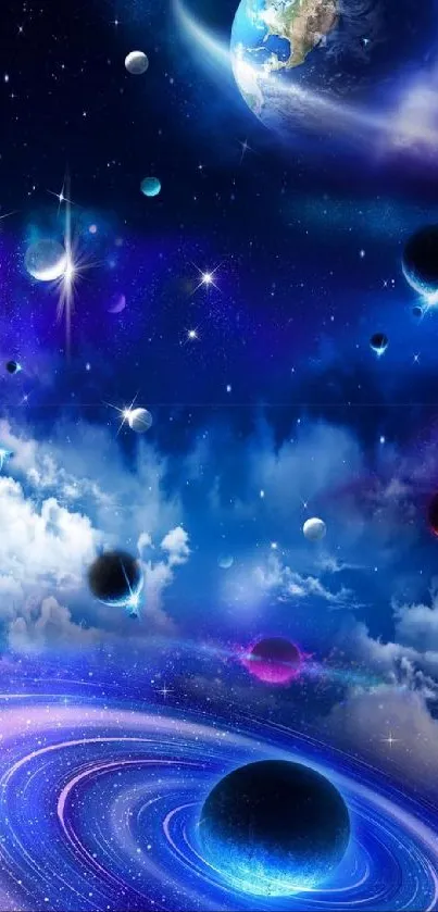 A vibrant cosmic galaxy wallpaper with planets and stars against a deep blue backdrop.