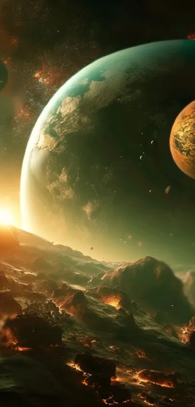 Cosmic galaxy wallpaper with planets and celestial landscape.