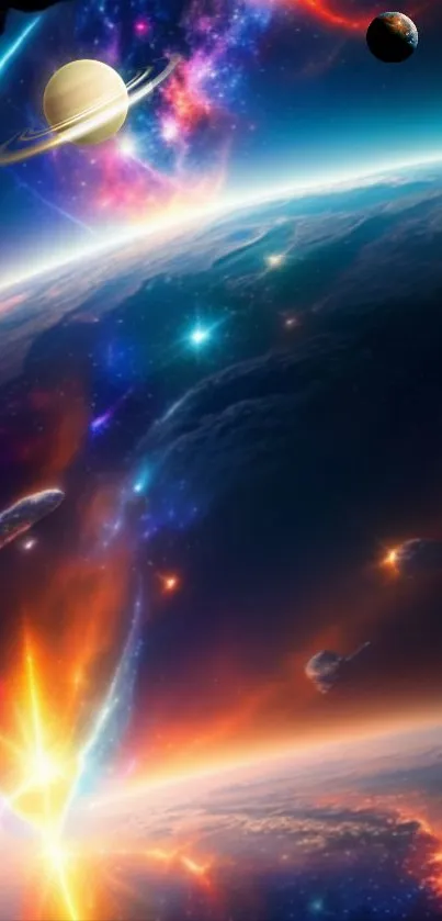 Cosmic galaxy with vibrant planets and nebula on mobile wallpaper.