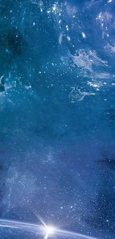 Cosmic ocean wallpaper with swirling blue hues and stars.