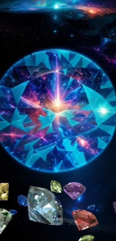 Cosmic design with blue gemstone and colorful galaxy theme.