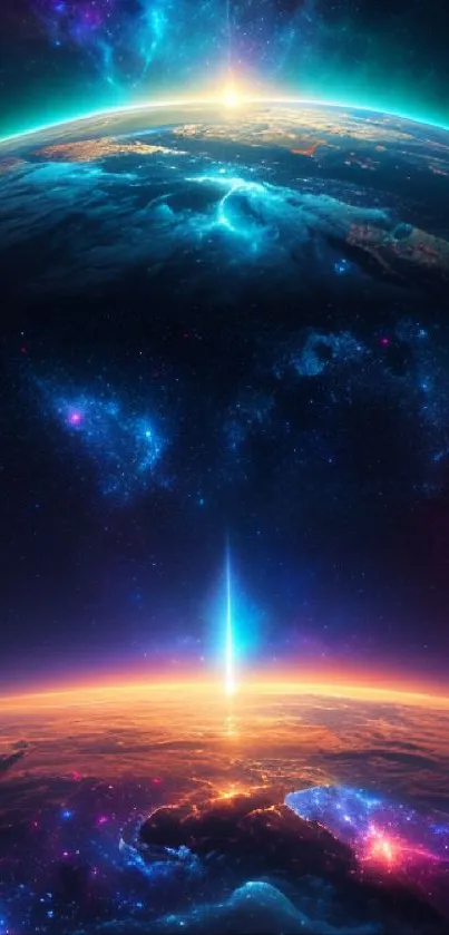 Mobile wallpaper of a cosmic horizon with vibrant space colors and a glowing planet.