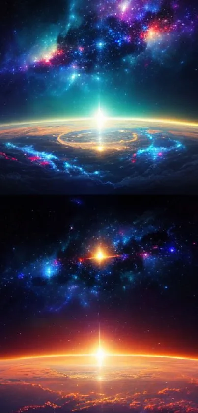 Cosmic horizon wallpaper featuring vibrant galaxies and space elements.