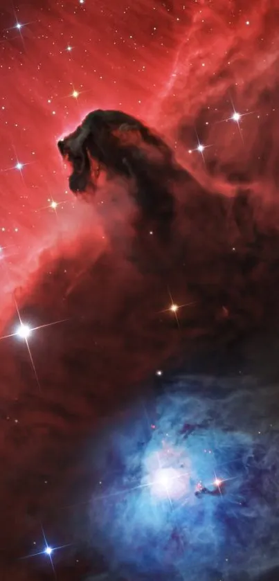 Horsehead Nebula in vibrant colors with sparkling stars, red and blue hues.