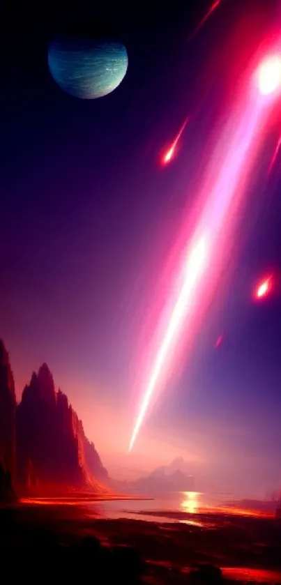 Vibrant cosmic impact scene with planets and colorful sky fit for mobile wallpaper.