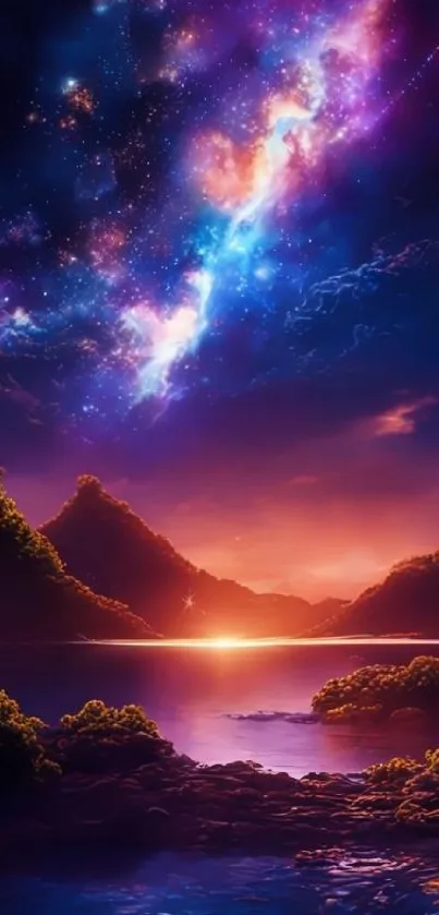 Colorful galaxy over a tranquil lake at sunset with lush greenery.