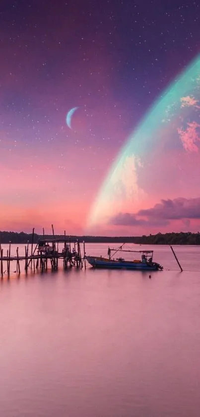 Stunning cosmic lake with alien sky and stars.