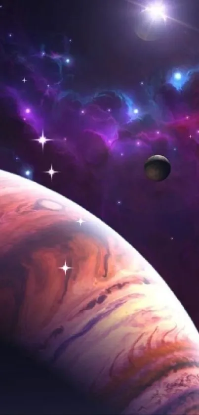 Colorful cosmic scene with planets and nebulae.