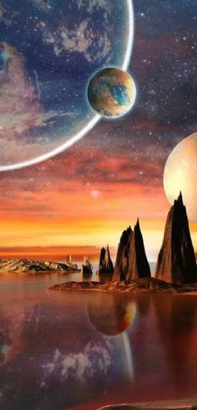 Stunning artwork of planets against a red-orange sunset in a cosmic landscape wallpaper.