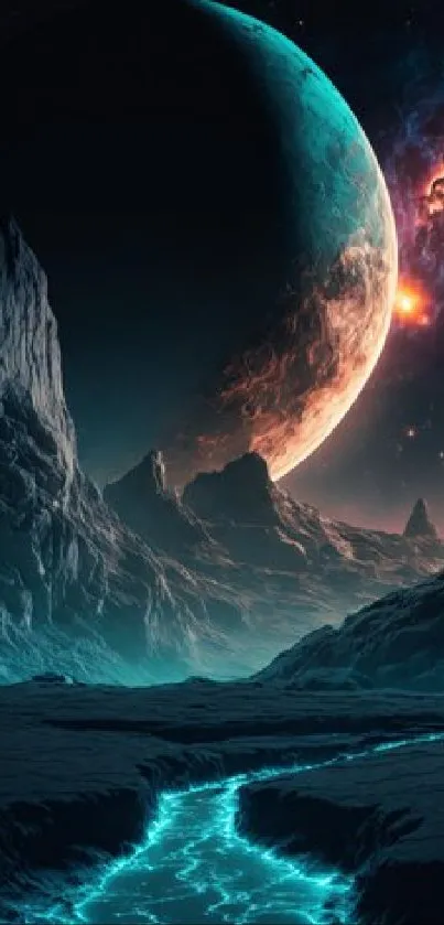 Cosmic mountain landscape with glowing river and planet in the sky.