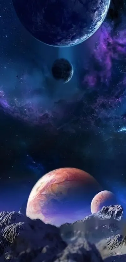 Cosmic landscape with galaxies and planets in vibrant colors for mobile wallpaper.