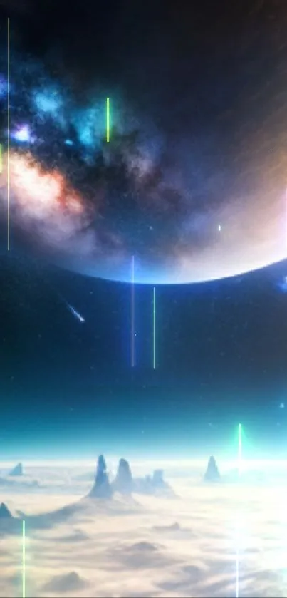 Cosmic landscape wallpaper with planets and mountains under a starry sky.