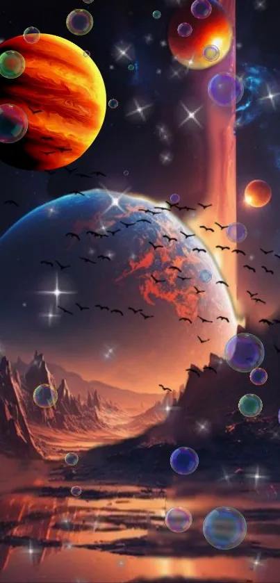 Breathtaking cosmic landscape with fiery planets and vivid colors.