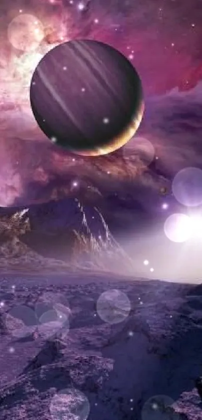 Cosmic landscape with purple planet and nebula, ideal for mobile wallpaper.