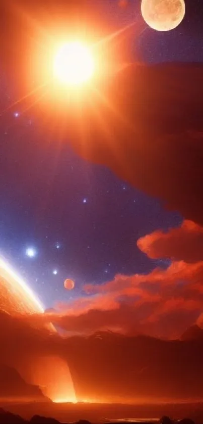 Vibrant cosmic landscape with planets and a glowing red-orange sky.