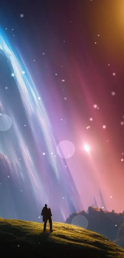 A stunning cosmic landscape with vibrant celestial colors for mobile wallpaper.
