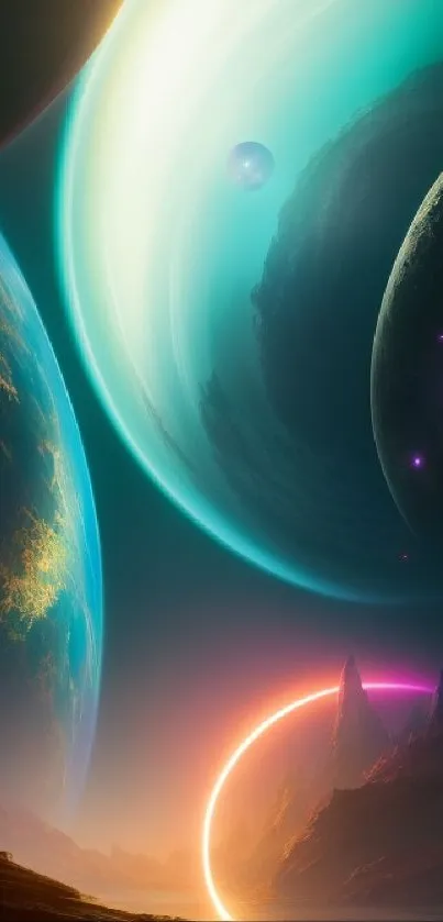 Cosmic landscape with colorful planets and glowing horizon wallpaper.