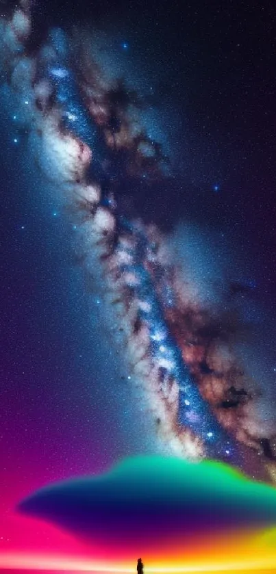 Vibrant cosmic wallpaper with starry sky and silhouetted figure.