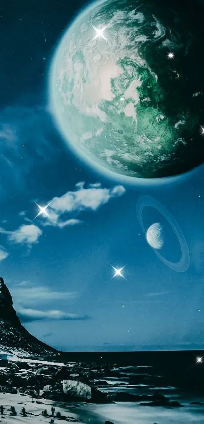Cosmic landscape with planets in space view.