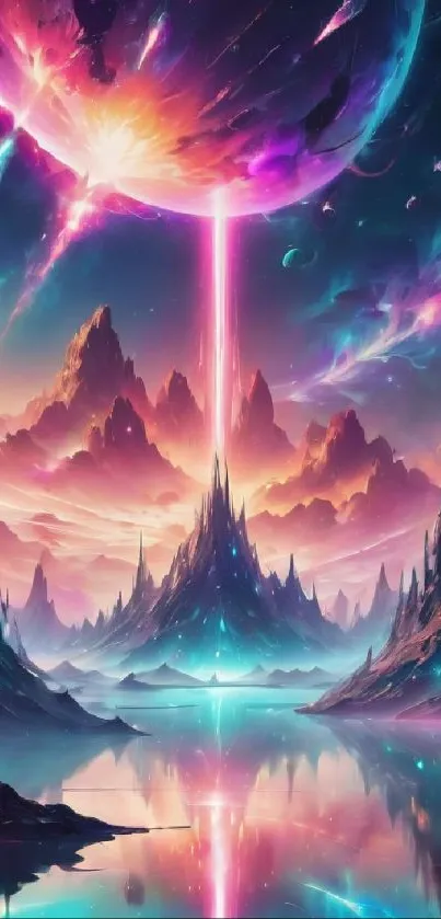 A dazzling cosmic landscape with vibrant colors and fantastical elements.