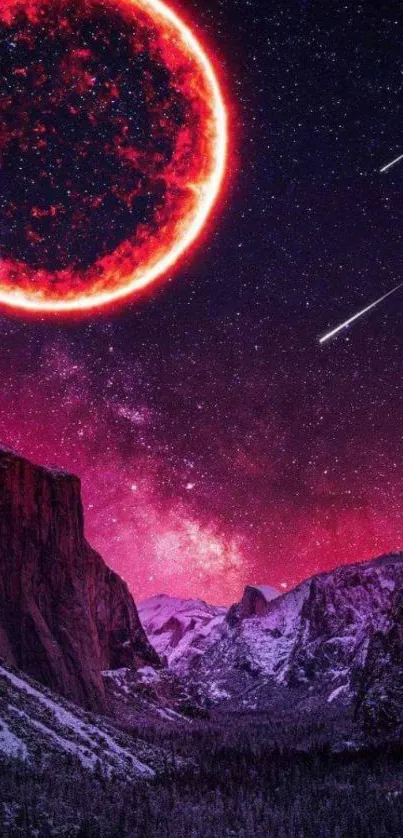 Mobile wallpaper of a red celestial sphere over a starry mountain landscape.