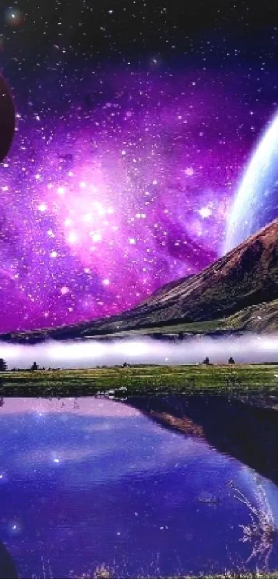 Cosmic landscape wallpaper with planets and a vibrant mountain reflection.