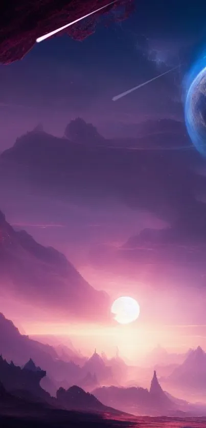 Cosmic landscape wallpaper with purple hues and a glowing planet.