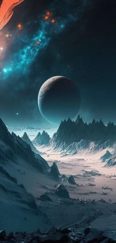 Cosmic landscape wallpaper with planets and stars.