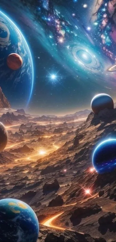 Vibrant cosmic landscape with planets and galaxies in deep space.