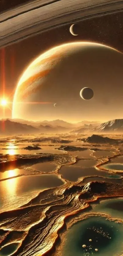 Cosmic landscape with planets and rings.