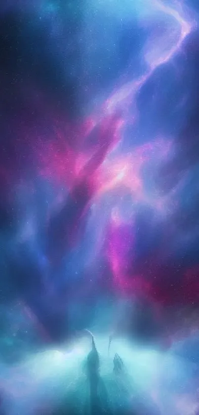 Vibrant cosmic LED wallpaper with shades of blue, purple, and pink.