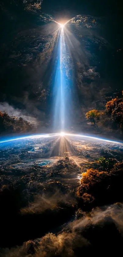 Dramatic cosmic light rays over Earth in a dark blue wallpaper.