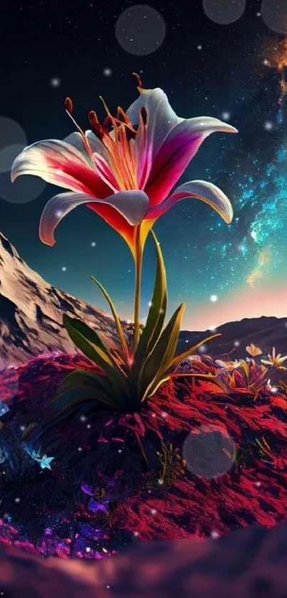 Surreal lily with cosmic background under starry sky.