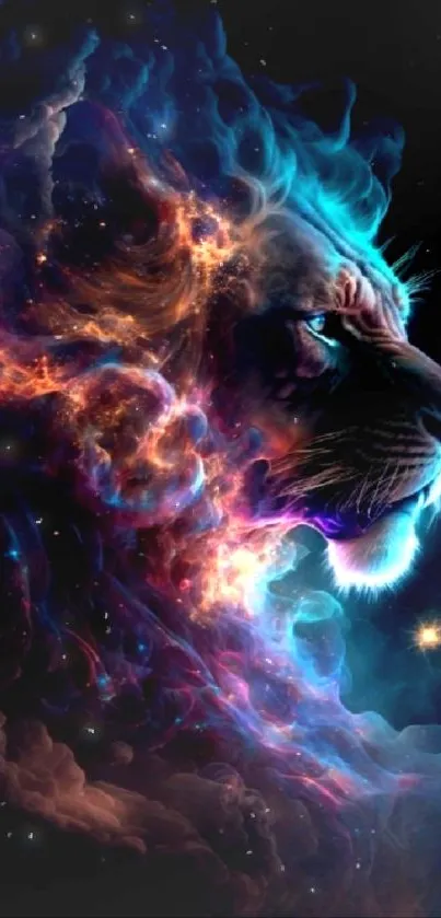 A cosmic lion with vibrant colors and a celestial backdrop for mobile wallpaper.