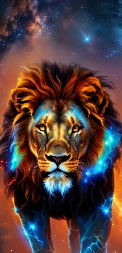 Cosmic lion with fiery orange and blue galaxy background.