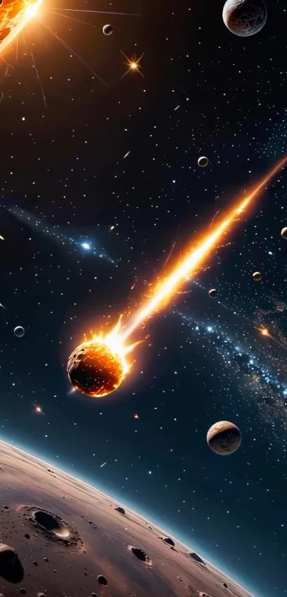 A fiery meteor streaks across a starry cosmic background.