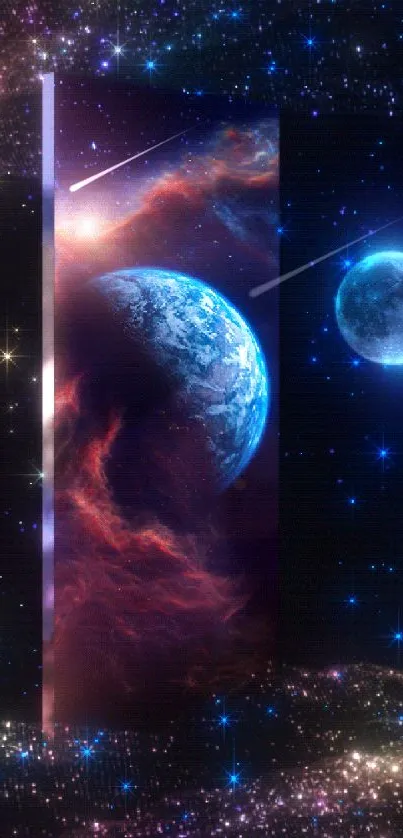 Cosmic scene wallpaper with Earth and stars in vibrant colors.