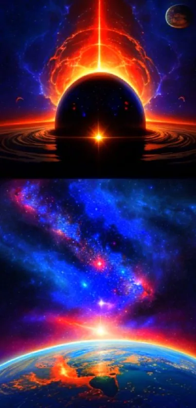 Cosmic wallpaper with galaxies and planets in vibrant colors.