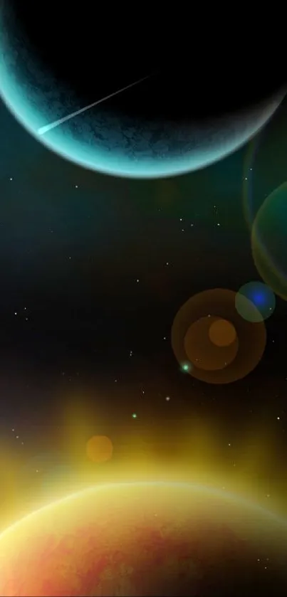 Cosmic wallpaper featuring planets and a bright solar flare against a starry background.