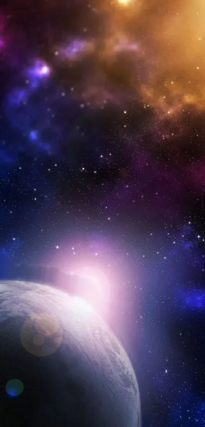 Vibrant cosmic wallpaper with galaxy and planet.