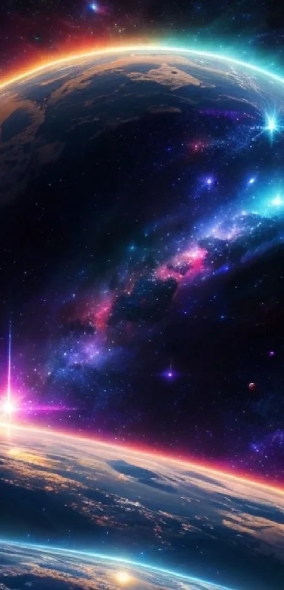 Vibrant cosmic view with planets and stars in a colorful galactic scene.