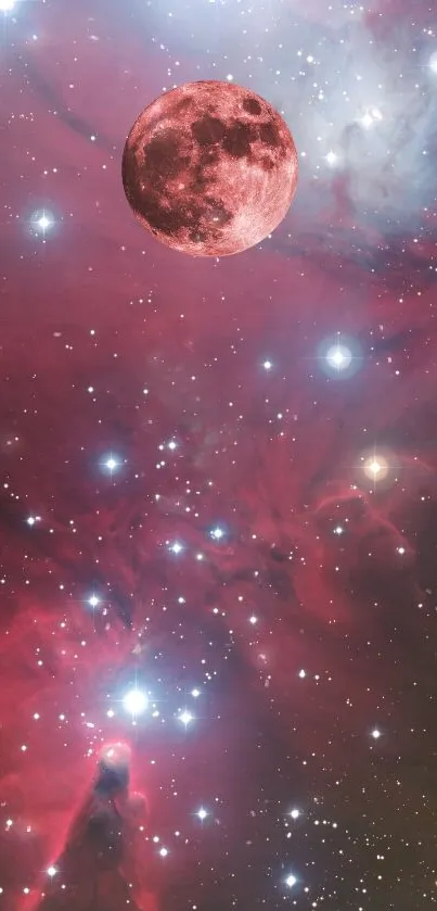 Vibrant cosmic scene with moon and nebula.