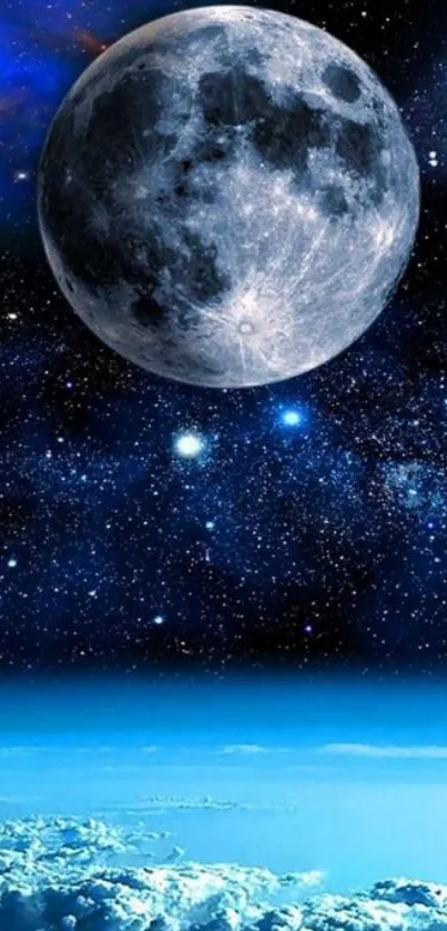 Moon and stars in a vibrant blue galaxy wallpaper.