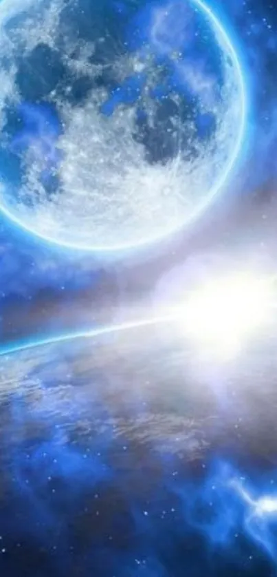 Beautiful blue moon and Earth cosmic wallpaper with bright glowing effect.